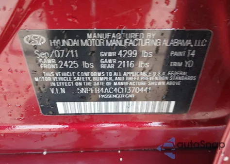 2012 Hyundai Sonata Gls from USA, damaged, VIN 5NPEB4AC4CH370441